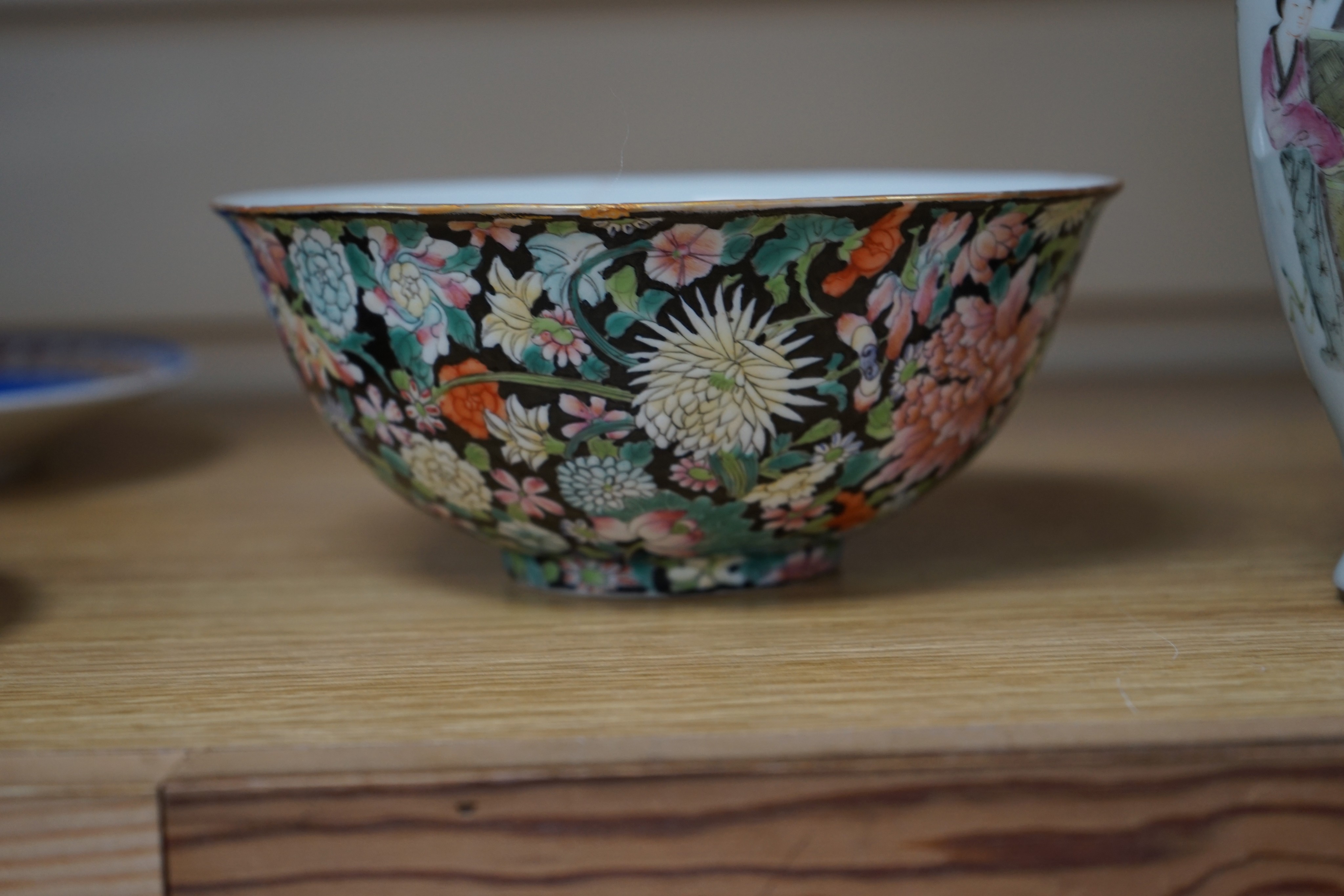 A Chinese millefleur black ground bowl, Republic period, 17cm
